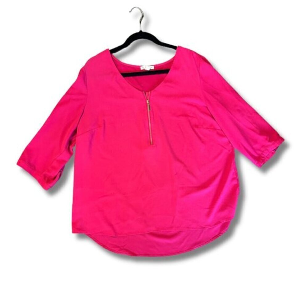 Hot Pink 3/4 Sleeve Women's Blouse Gold Zipper
